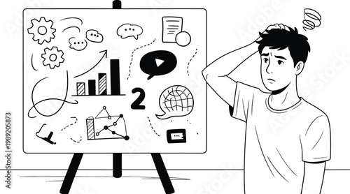 Confused young man scratching head in front of whiteboard with business strategy doodles and charts drawing