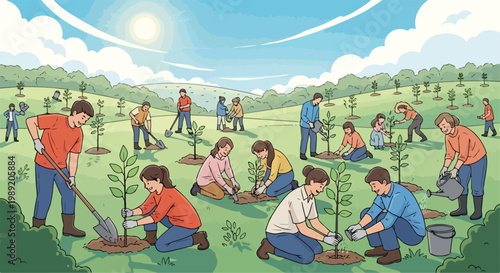 Eco-friendly community tree planting event vector, diverse volunteers reforestation project, environmental conservation group planting saplings in park