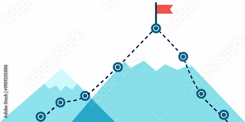 A winding path leads to a flag atop a mountain peak