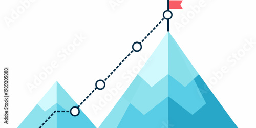 Path to success illustrated with mountains and a dotted line