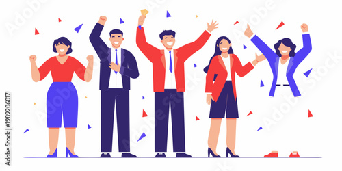 Celebrating team members raise their arms in a joyful colorful illustration
