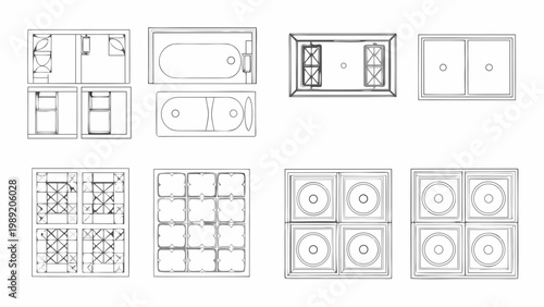 Architectural floor plans depicting various bathroom layouts and fixture arrangements