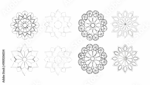 Collection of intricate floral designs and geometric snowflake like patterns