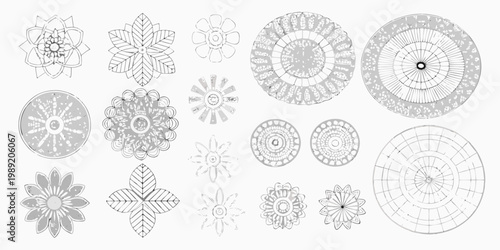 Collection of detailed floral and circular hand drawn sketch elements