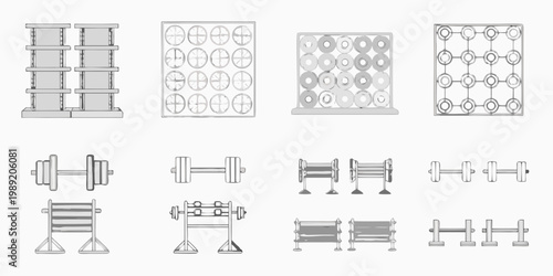 Architectural components and structural elements in a technical drawing style