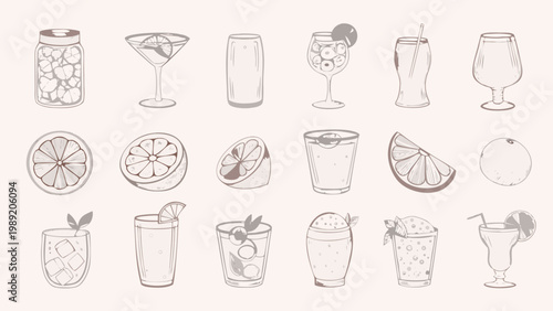 Collection of hand drawn cocktail glasses fruit slices and beverage illustrations