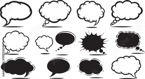 Speech Bubbles, Chat Icons, Black and White, Vector Graphics, 15 Elements isolated on Transparent Background