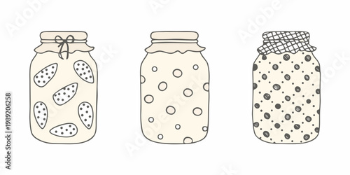 Three sketched jars filled with various dotted patterns and preserves