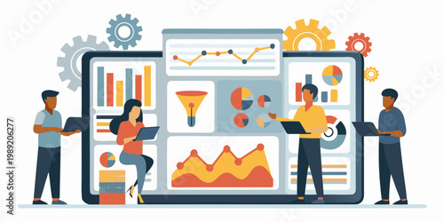 Team collaborating around large data displays and analyzing business metrics