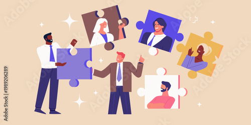 Diverse team collaborates connecting puzzle pieces representing unity and problem solving