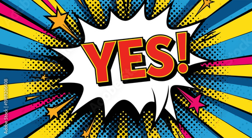 YES Comic book style explosion with bold red text.