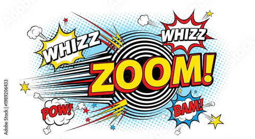Comic book explosion with Zoom Whizz Pow Bam sound effects.