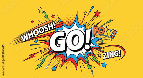 Tableau sur toile Comic book explosion with GO text and sound effects.