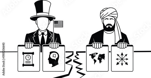 Two Figures Representing Opposing Sides in a Global Conflict or Political Divide division politics