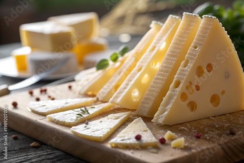 American Cheese Month A beautifully arranged selection of cheese slices on a wooden cutting board, garnished with herbs and spices.