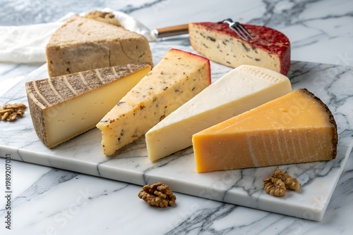 American Cheese Month A selection of artisanal cheeses and walnuts on a marble cutting board
