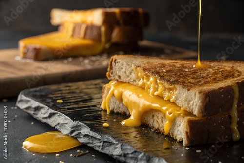 American Cheese Month A grilled cheese sandwich with melted cheese on a slate cutting board