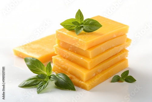 American Cheese Month A stack of cheese slices garnished with fresh basil leaves on a white background