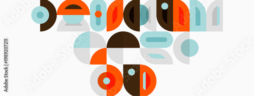 Abstract geometric shapes overlap, creating midcentury modern design. Colors include brown, orange, gray, beige. Composition feels playful, balanced.