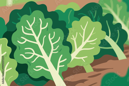 Cartoon leafy green plants with broad leaves and veins growing in soil rows in garden.
