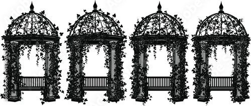 Intricate Black Silhouette Gazebo Set with Ornate Ivy Vines and Classical Columns for Elegant Garden Design and Victorian Architecture Illustrations.