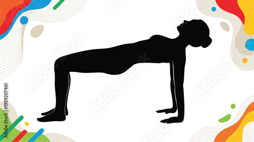 A black silhouette of a woman performing the upward plank yoga pose on a colorful background.