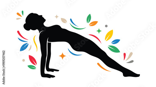 A black silhouette of a woman in an upward plank yoga pose surrounded by colorful floating leaves