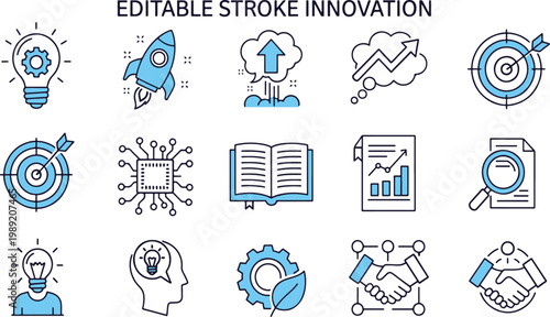 Illustrations depicting various concepts of innovation and creativity in stroke style