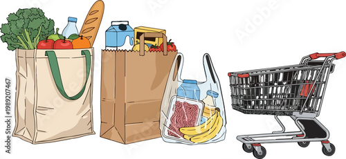 Grocery shopping bags and metal supermarket cart vector set. Reusable canvas tote, brown paper bag, and plastic carrier filled with fresh food, produce, and dairy products.