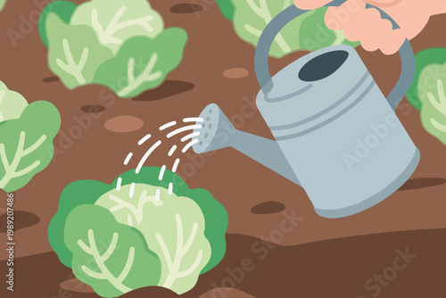 Cartoon hand watering leafy green vegetable plants in soil with gray watering can in garden.