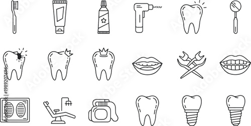 Essential icons representing dental hygiene and dental procedures