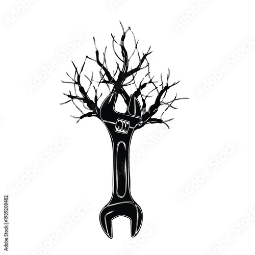 Wrench and tree silhouette steampunk set bundle icon.