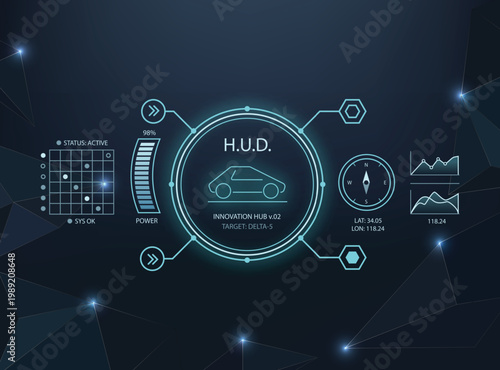 Futuristic blue automotive HUD interface featuring a sleek car icon, digital telemetry, navigation compass, and data charts over a dark polygonal background.