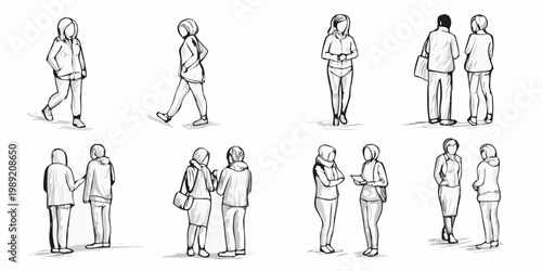 Sketch of diverse people in various conversational and walking poses
