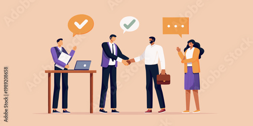 Successful business deal colleagues celebrating a partnership with handshakes