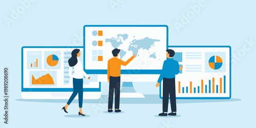 Team analyzing data visualizations on multiple large computer monitors