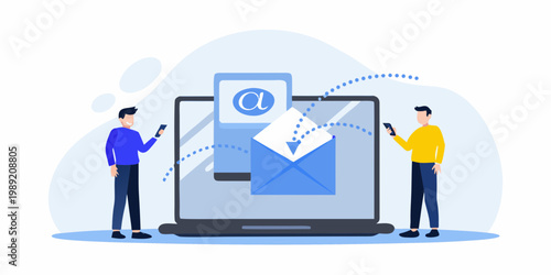 People communicating via email and devices displayed on a laptop screen