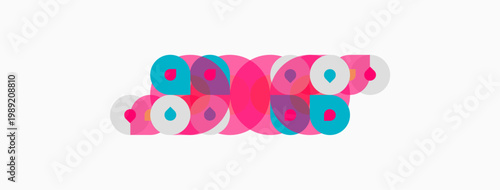 Abstract composition featuring overlapping circles. Pink, turquoise hues dominate design. Minimalist aesthetic, clean lines present. Modern visual element.