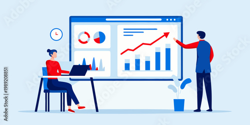 Team analyzes data and growth trends presented on a large display