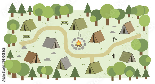 Flat vector campsite map with tents and campfire, forest camping ground illustration, outdoor summer camp landscape with trees and winding path