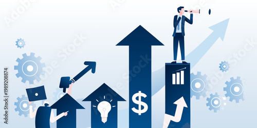 A businessman announces growth and innovation with upward trending visuals