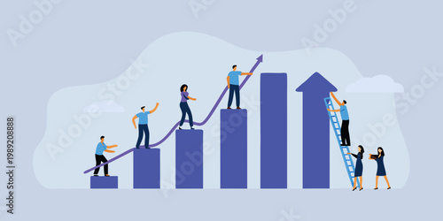 Teamwork and growth illustrated with people climbing rising bar graphs