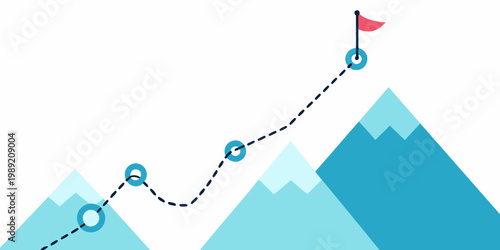 A dotted path leads to a red flag atop mountainous terrain
