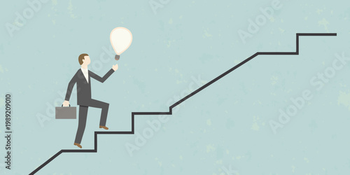 Tableau sur toile A businessman climbs a staircase holding a glowing lightbulb aloft