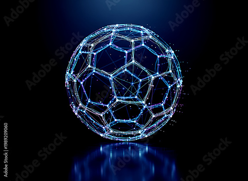 Glowing soccer ball formed by interconnected lines on dark background with blue lighting