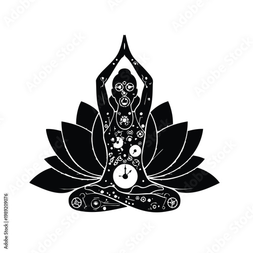 Yoga meditation lotus silhouette set bundle with steampunk mechanism.