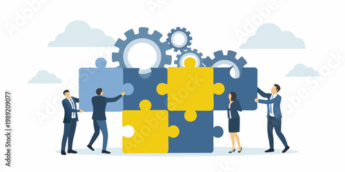 Business people connecting puzzle pieces representing teamwork and problem solving