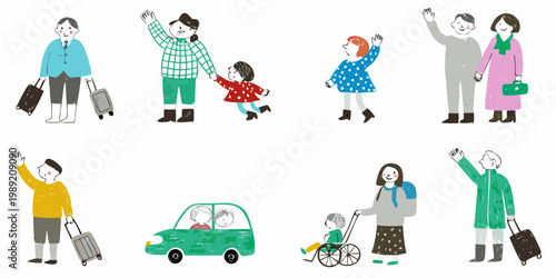 A diverse group of people waving and traveling with luggage