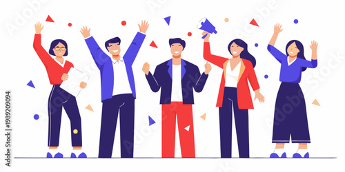 Celebrating success a diverse group of people joyfully raise their arms