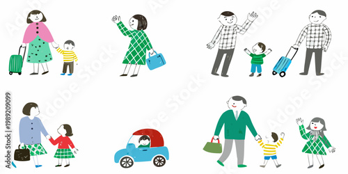 Illustrations of families traveling with luggage and enjoying outings